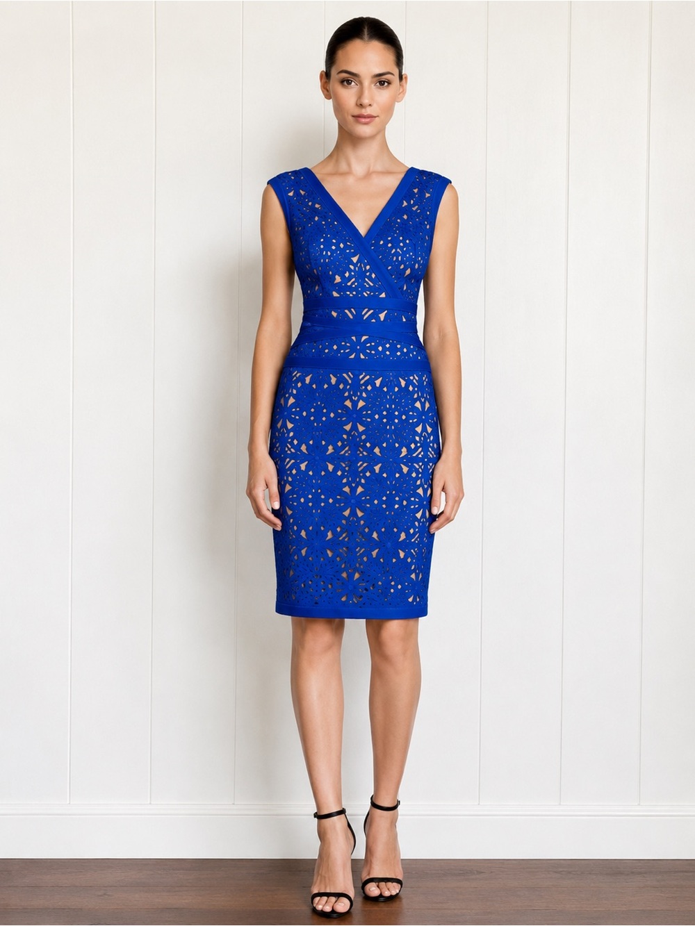 Tadashi Shoji Royal Blue Laser-Cut V-Neck Midi Dress